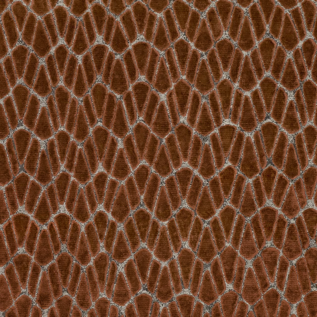Copper-brown woven lozenges linked by pale blue-grey lines in a tactile textile