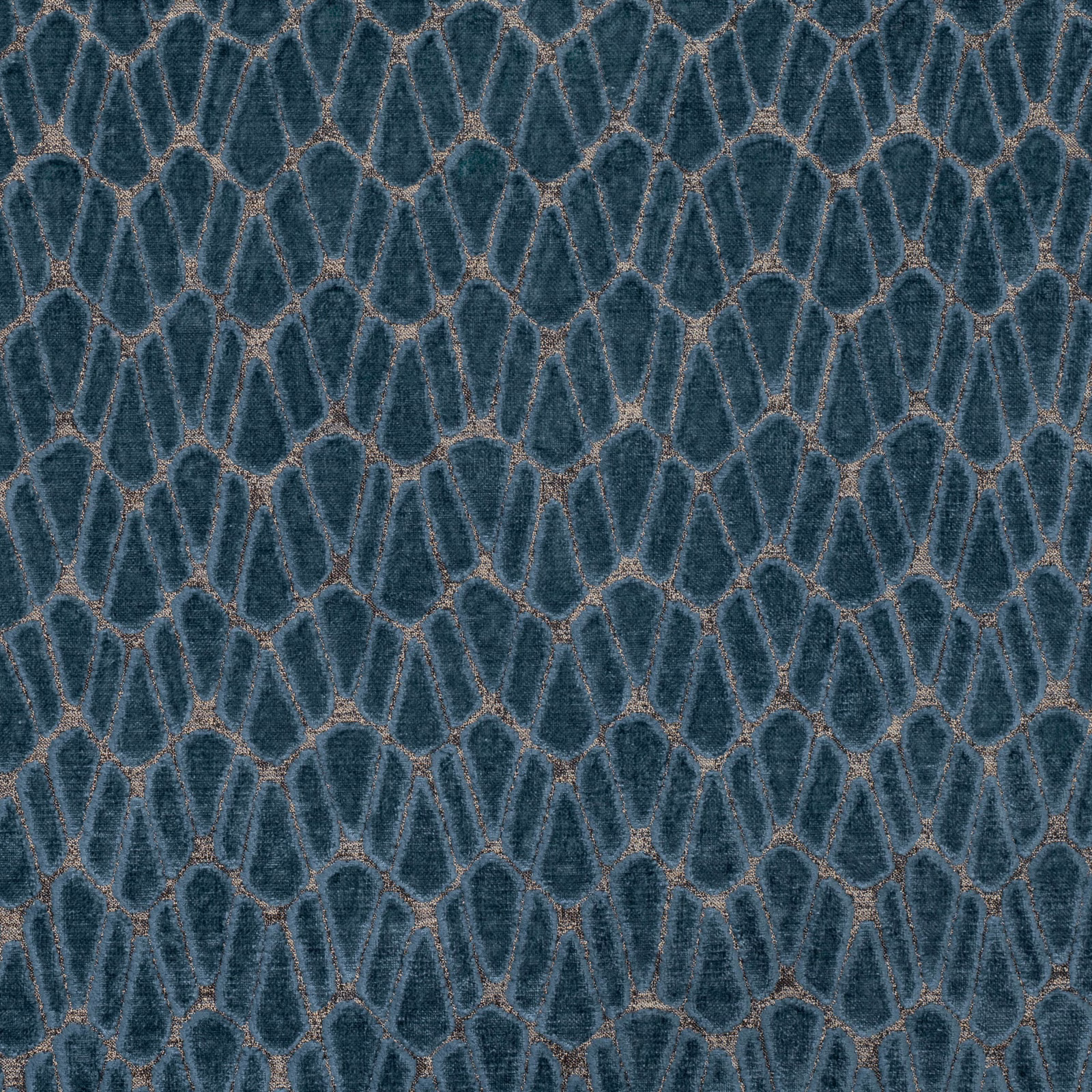 Dark teal textile with bronze-edged elongated diamond motifs and a tactile woven surface