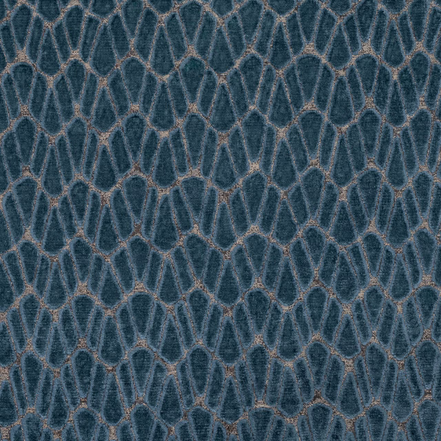 Dark teal textile with bronze-edged elongated diamond motifs and a tactile woven surface