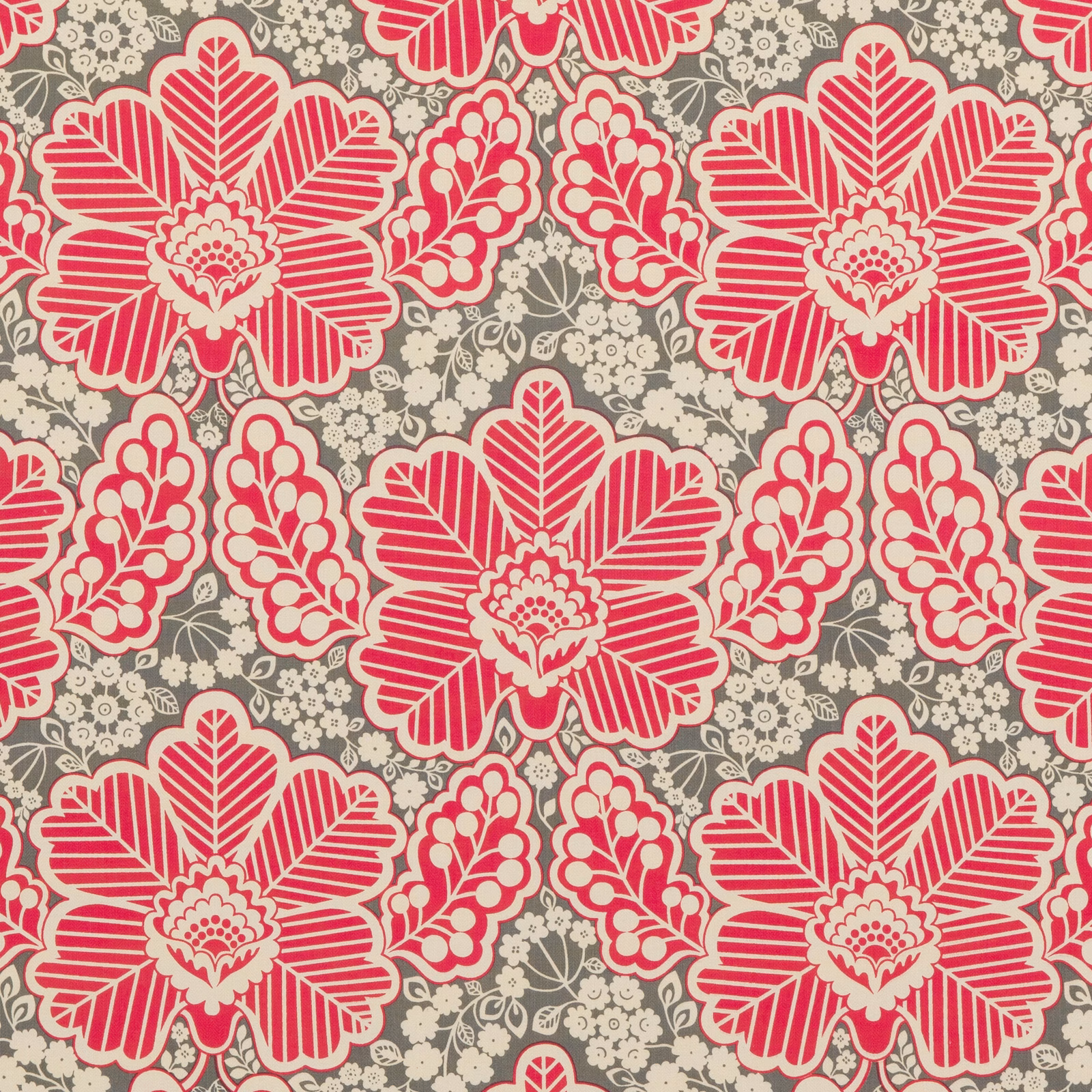Vivid fuchsia striped floral medallions on a grey ground with cream detailing