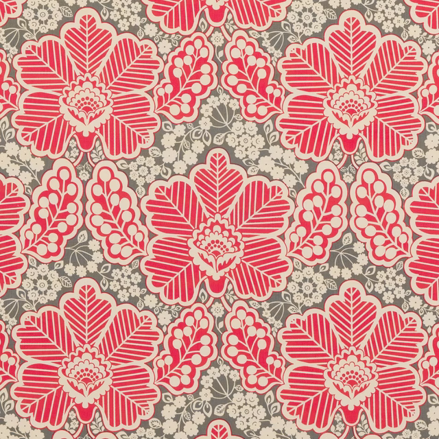 Vivid fuchsia striped floral medallions on a grey ground with cream detailing