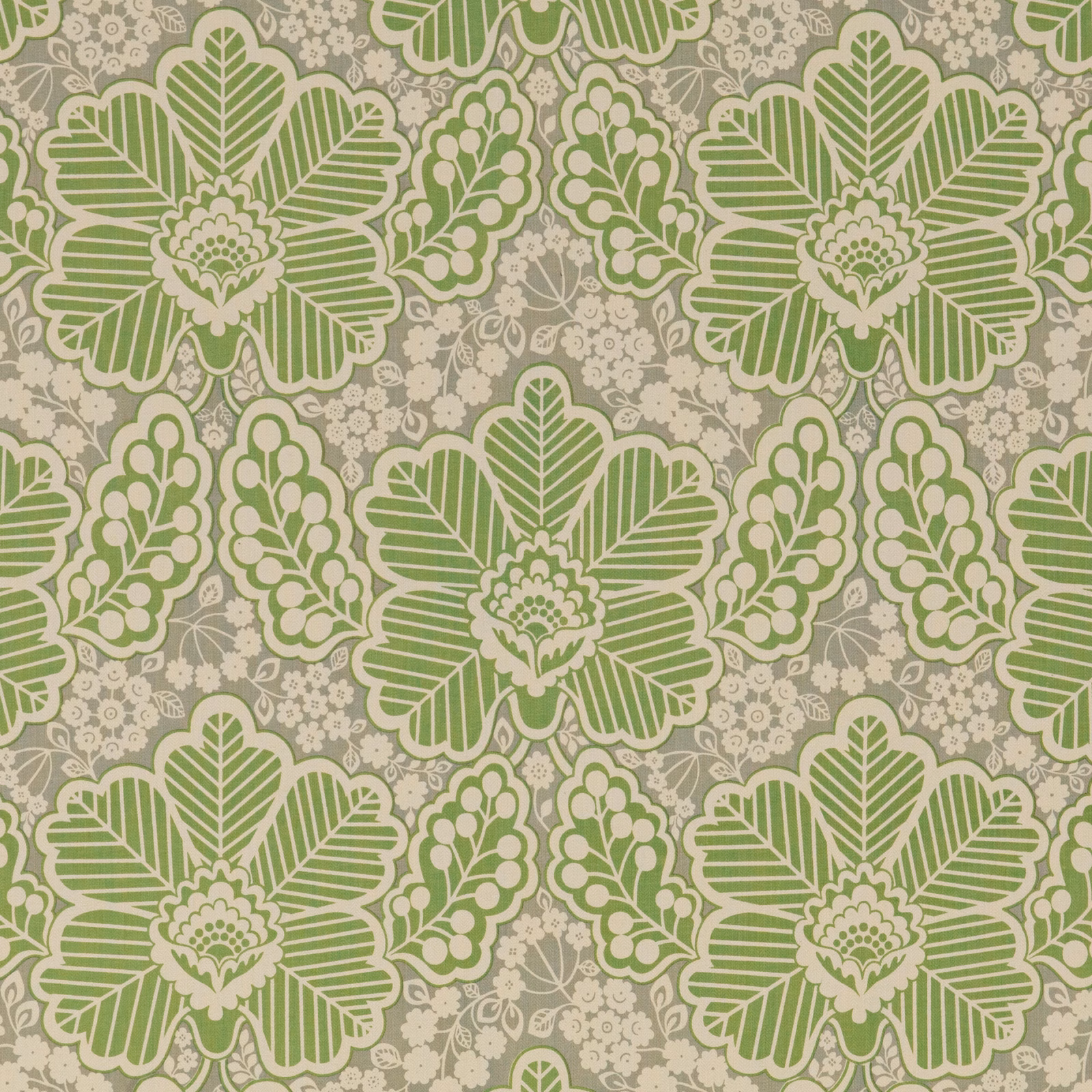 Muted sage-green floral medallions on a warm grey-beige botanical ground