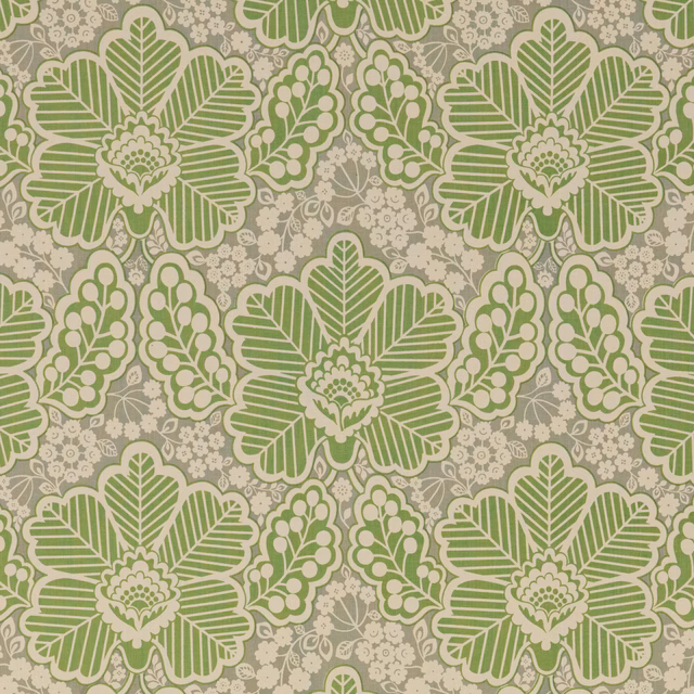 Muted sage-green floral medallions on a warm grey-beige botanical ground