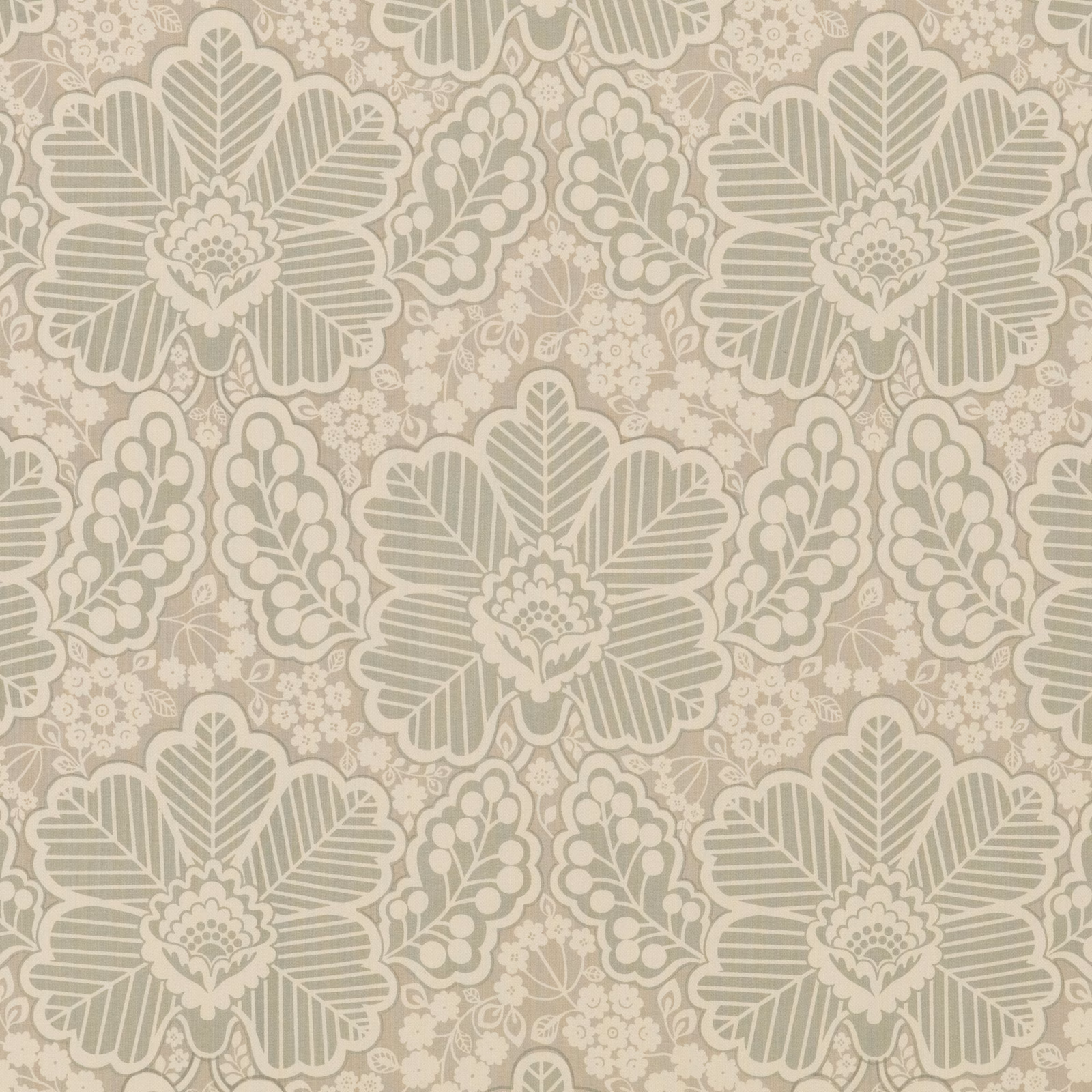 Stone taupe cotton with ivory striped floral blooms and fine botanical detail