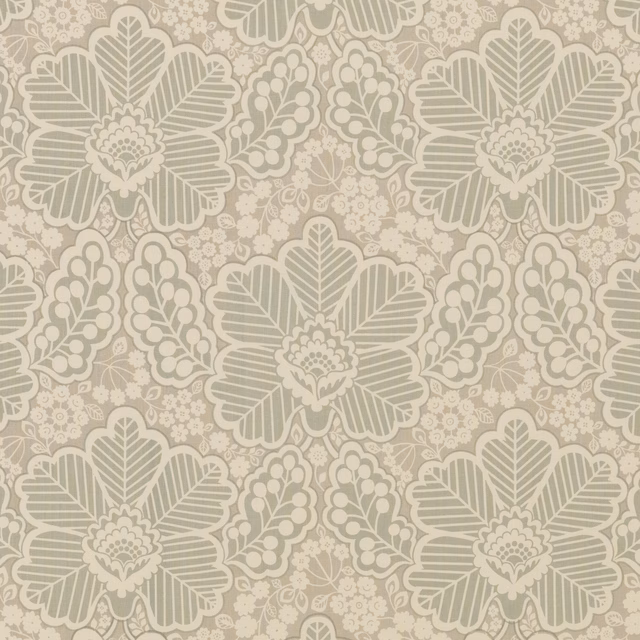 Stone taupe cotton with ivory striped floral blooms and fine botanical detail