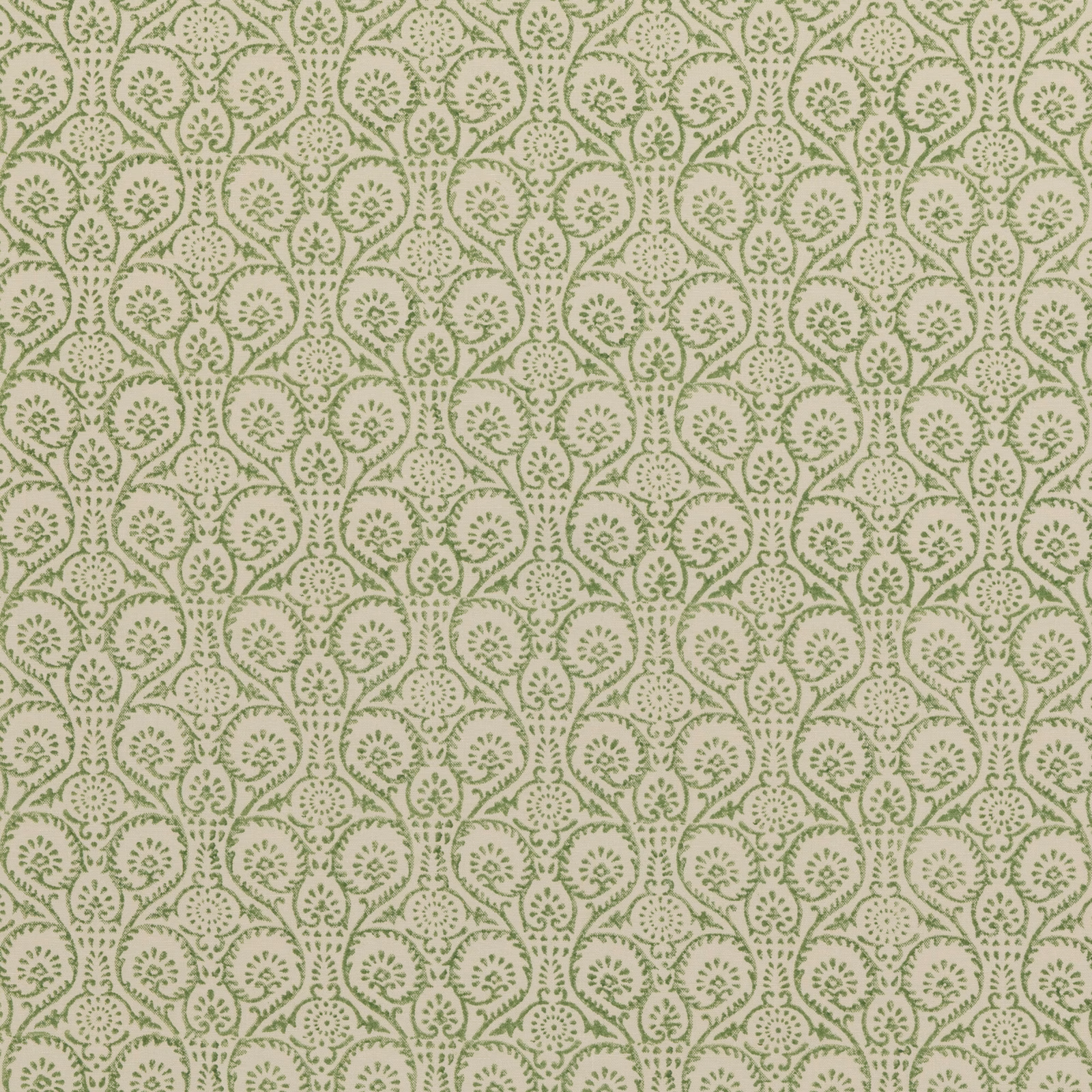 Pale sage green scrolling botanical motifs on a textured cream fabric ground