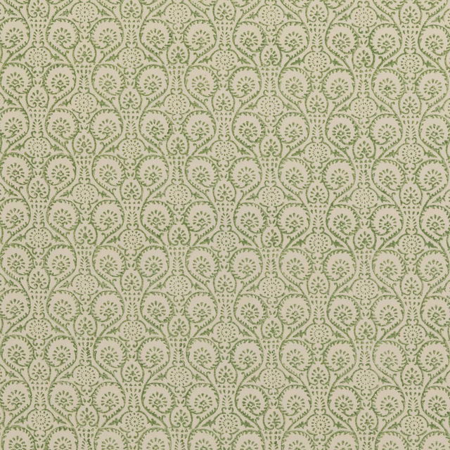 Pale sage green scrolling botanical motifs on a textured cream fabric ground