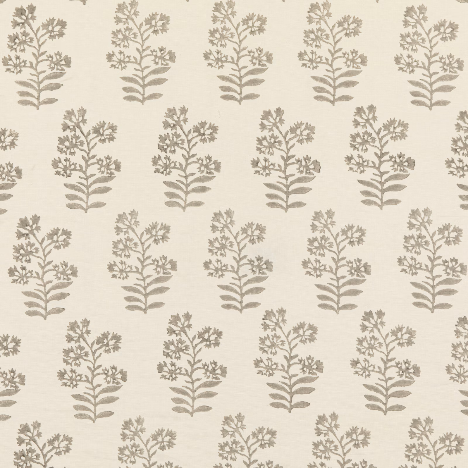 Ivory woven fabric with repeating stone taupe flowering stems and layered leaves