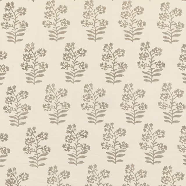 Ivory woven fabric with repeating stone taupe flowering stems and layered leaves