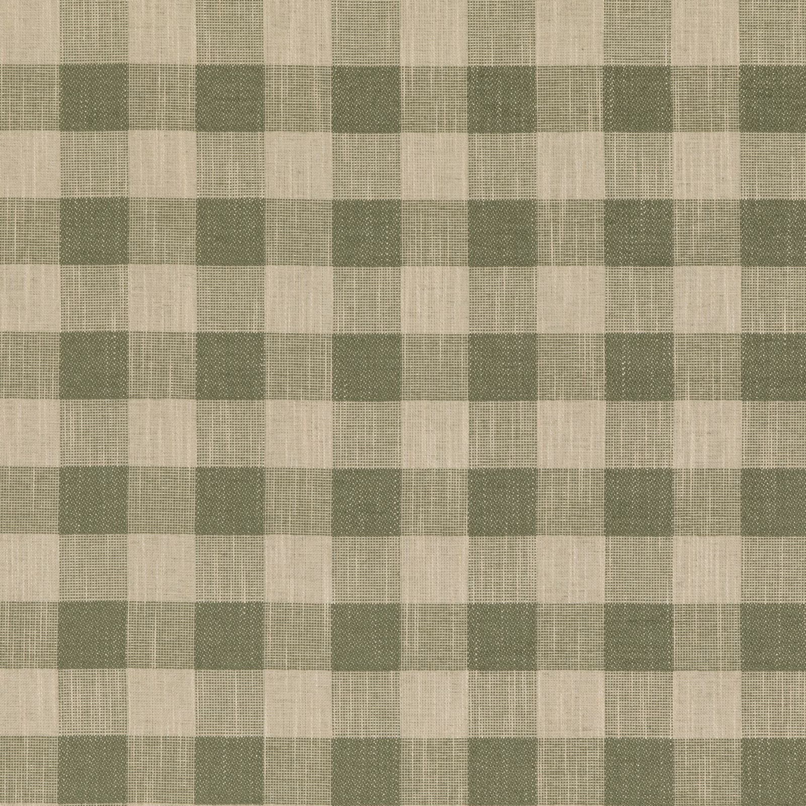 Muted olive and ivory woven check fabric with softly textured crosshatch surface