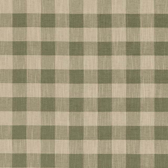 Muted olive and ivory woven check fabric with softly textured crosshatch surface