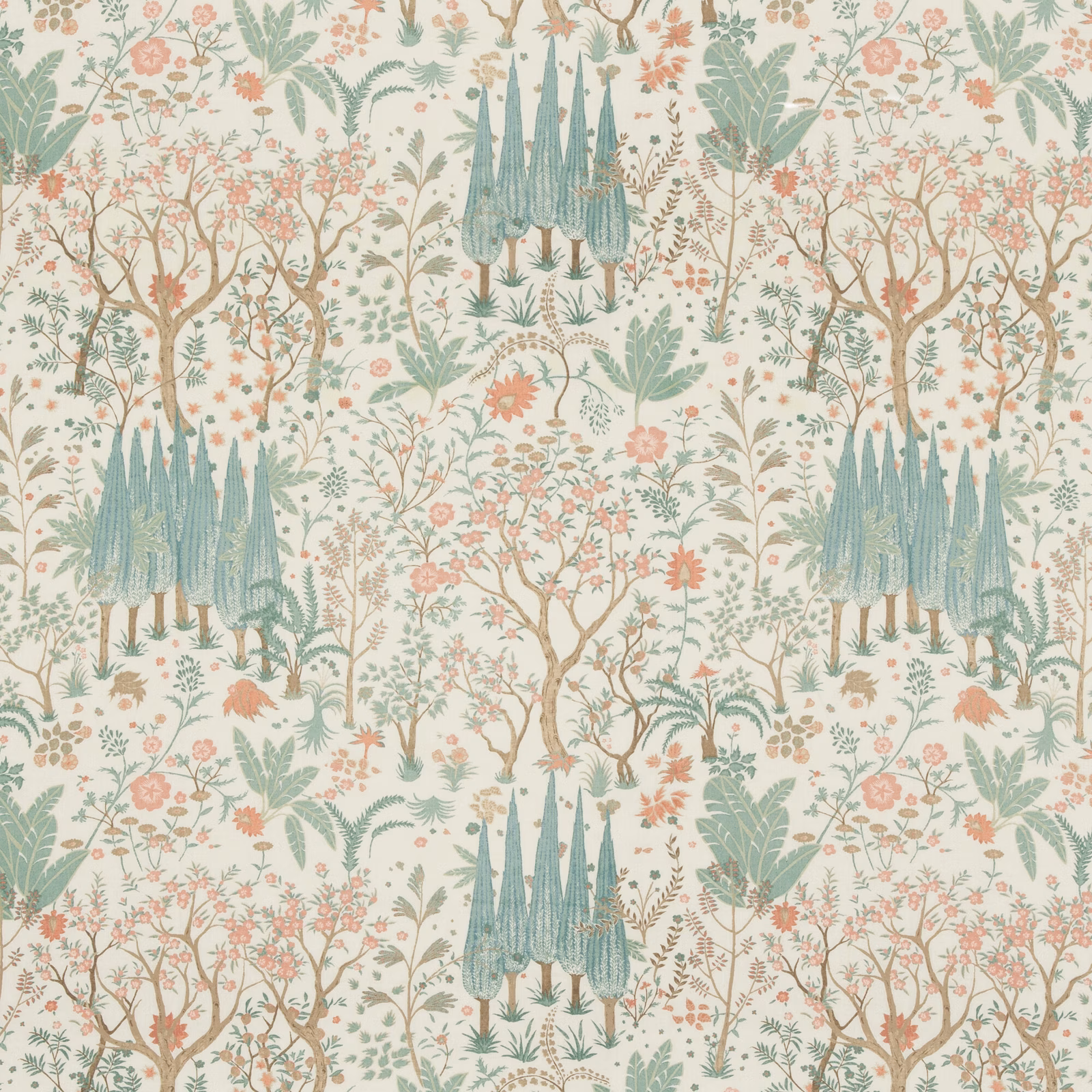 Pale aqua botanical fabric with coral flowers, sage foliage and blue-green garden motifs