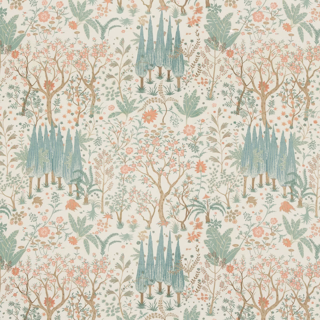 Pale aqua botanical fabric with coral flowers, sage foliage and blue-green garden motifs