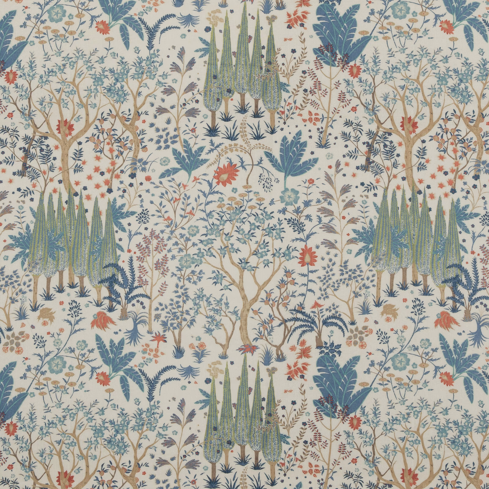 Cream cotton botanical fabric with blue foliage and red flowers in a dense garden repeat