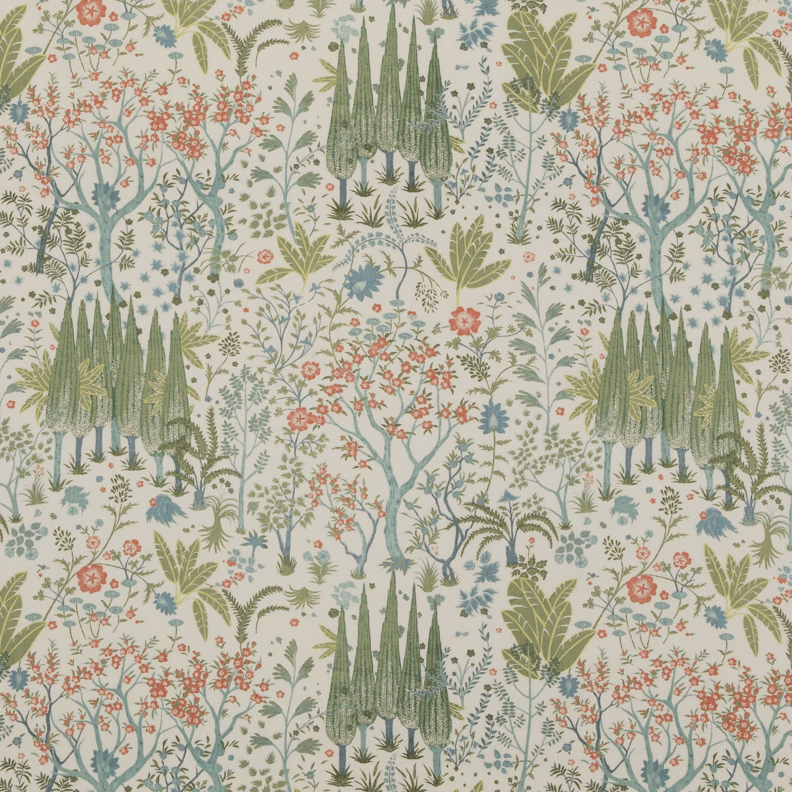 Cream cotton fabric with sage trees, olive foliage and coral botanical flowers
