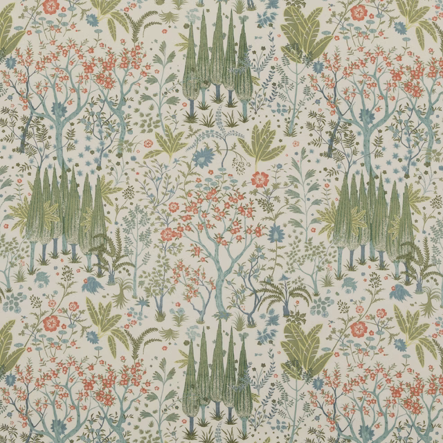 Cream cotton fabric with sage trees, olive foliage and coral botanical flowers