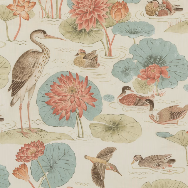 Pale aqua pond scene with coral lotus, lily pads, herons and ducks