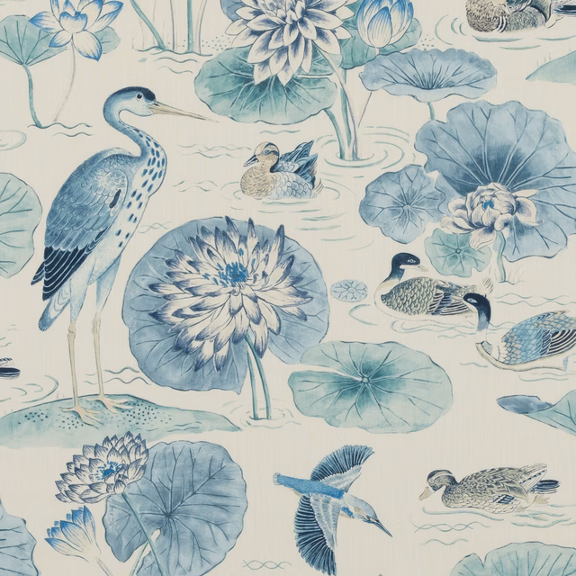 Ivory fabric with muted blue water lilies, herons, ducks and fine botanical detailing