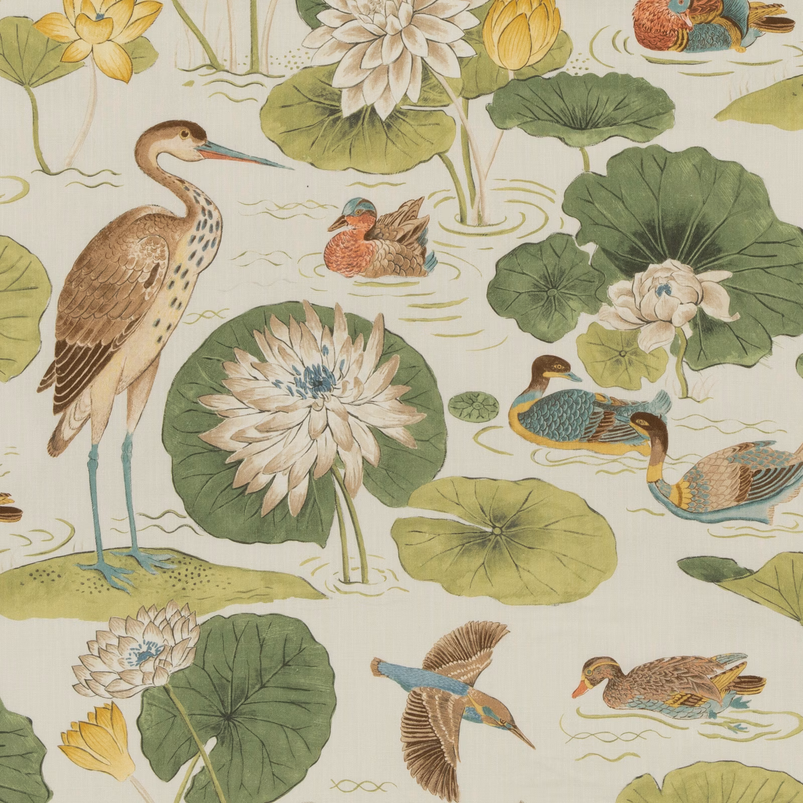 Pale sage water-garden fabric with cranes, ducks, lily pads and cream flowers