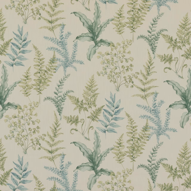 Cream botanical fabric with pale aqua ferns, sage leaves and fine woven texture