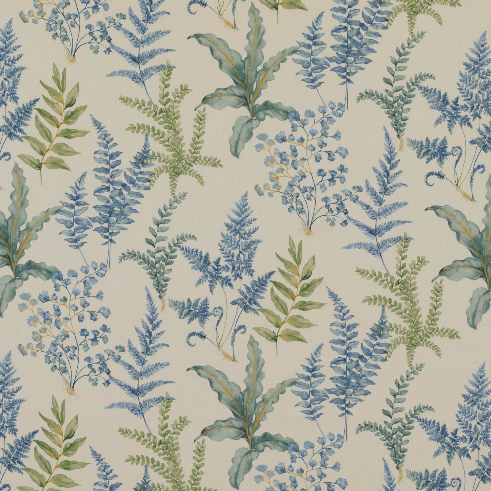 Dusty blue fern and sage botanical stems on a pale cream fabric ground