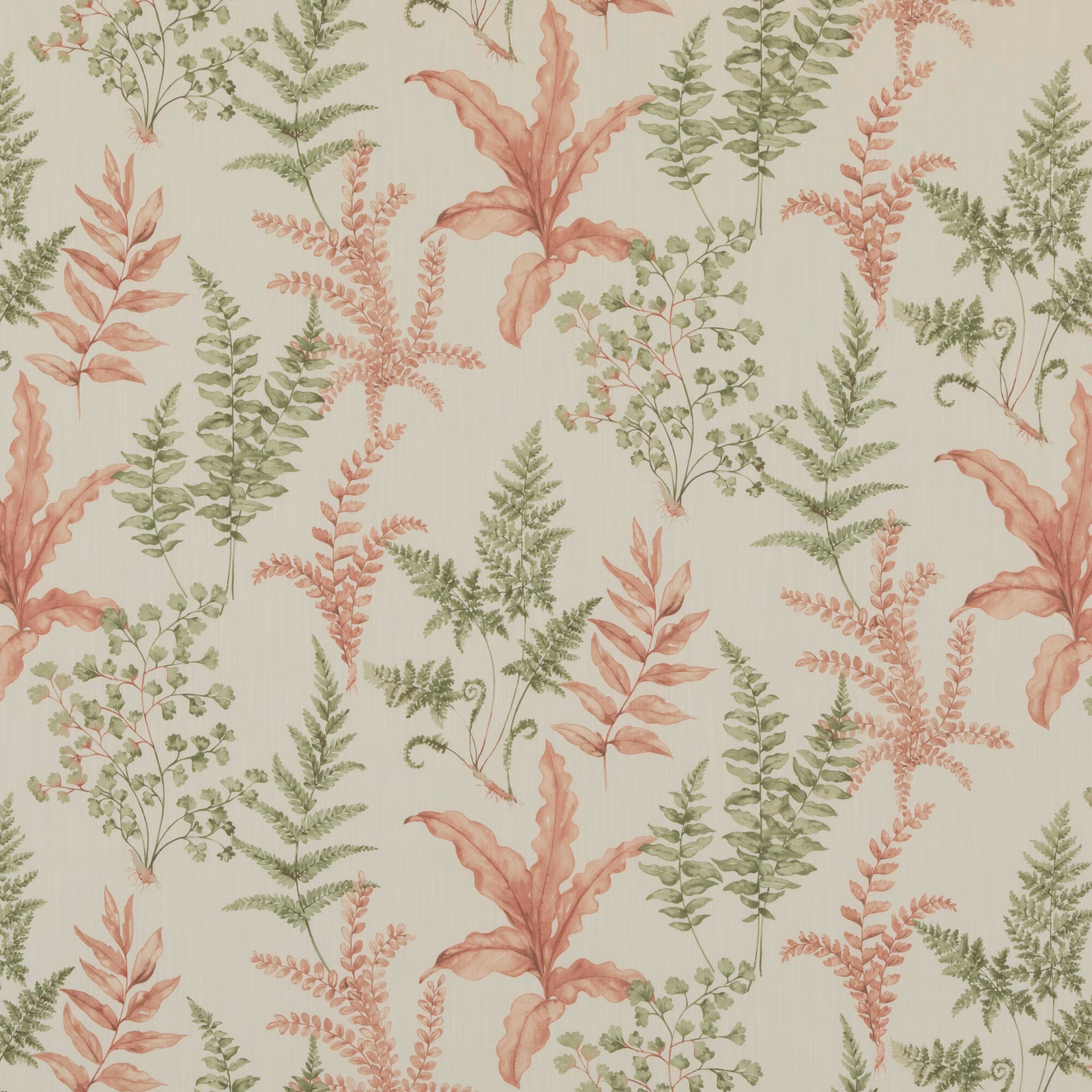 Pale sage botanical fabric with sage ferns and blush-pink leafy sprays