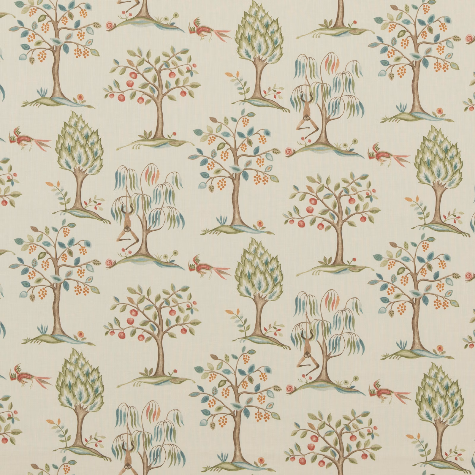 Pale aqua botanical fabric with stylised trees, fruit, birds and sage foliage