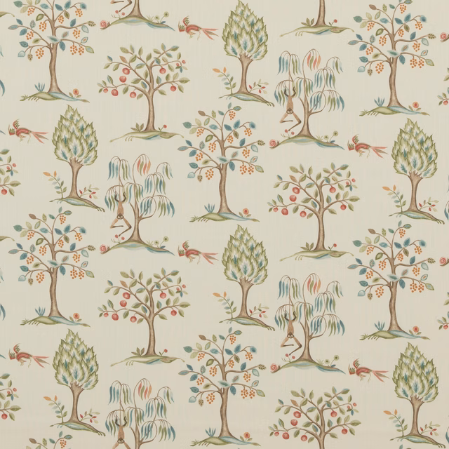 Pale aqua botanical fabric with stylised trees, fruit, birds and sage foliage