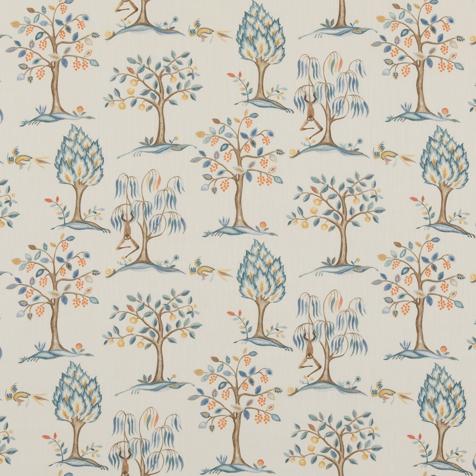 Cream fabric with powder-blue trees, flowering branches, birds and fine woven texture