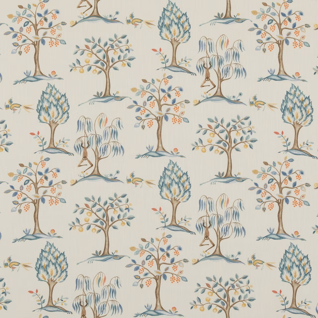 Cream fabric with powder-blue trees, flowering branches, birds and fine woven texture