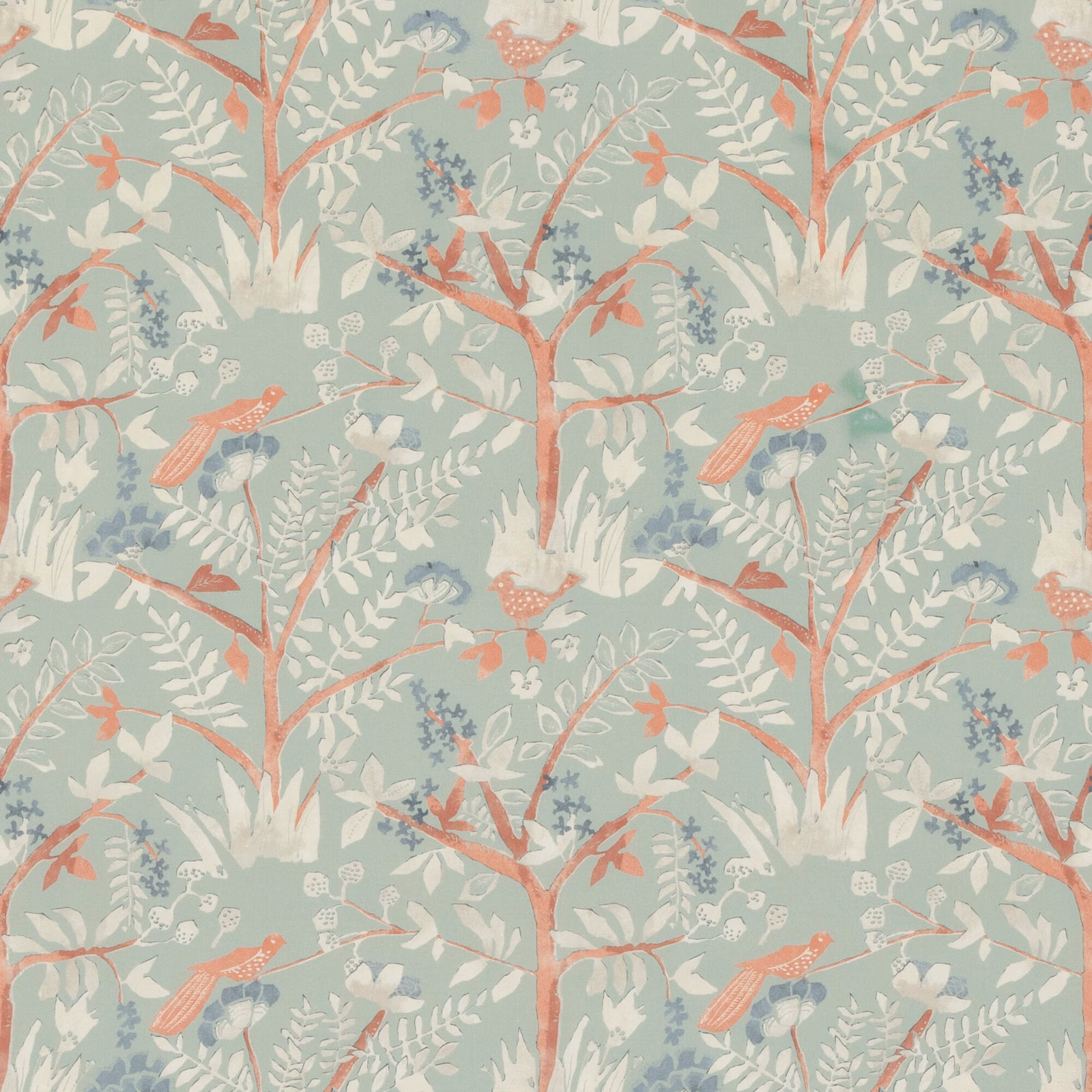 Muted aqua cotton with coral branches, birds, pale leaves and small flowers