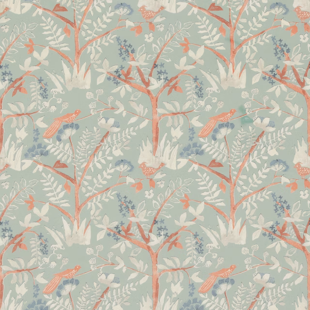 Muted aqua cotton with coral branches, birds, pale leaves and small flowers