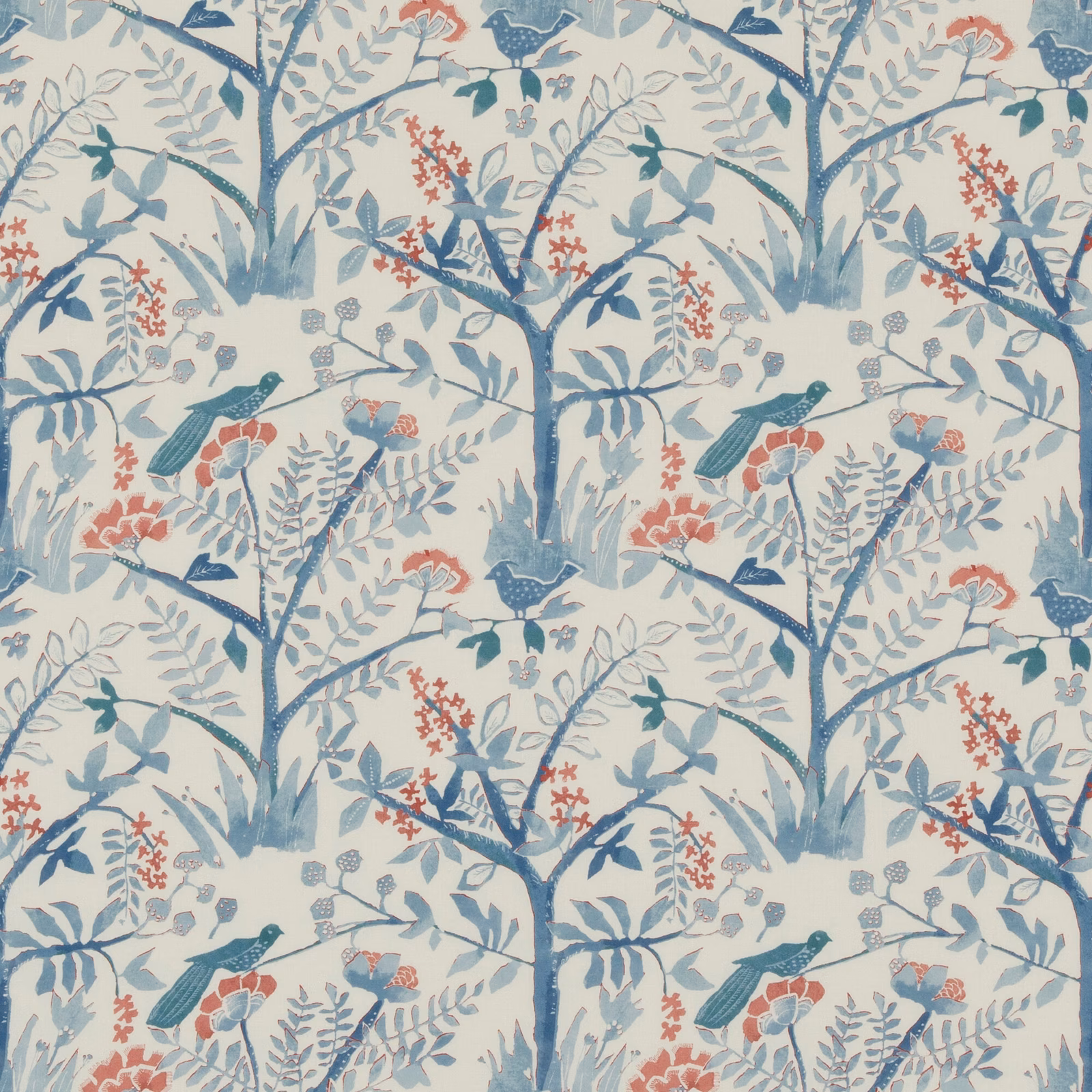 Cream cotton ground with blue tree branches, birds and coral-red botanical accents