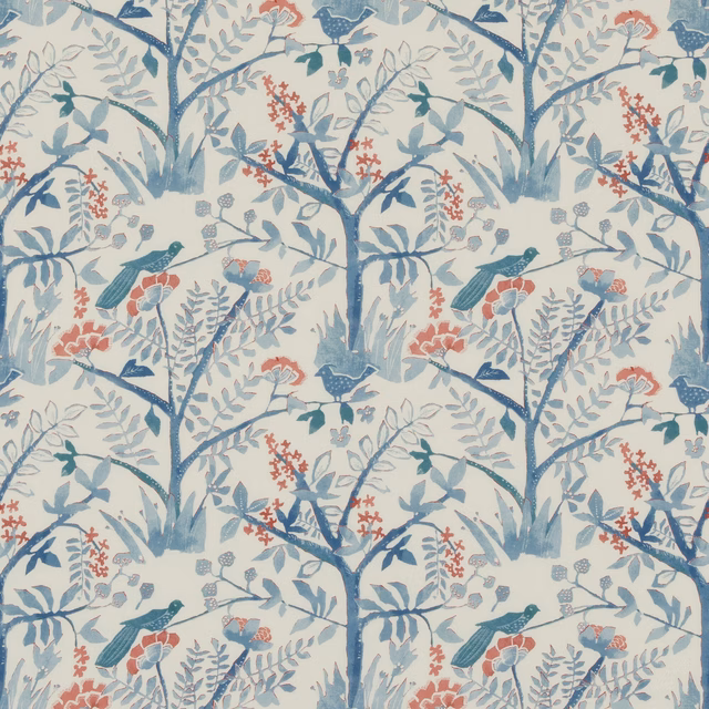 Cream cotton ground with blue tree branches, birds and coral-red botanical accents