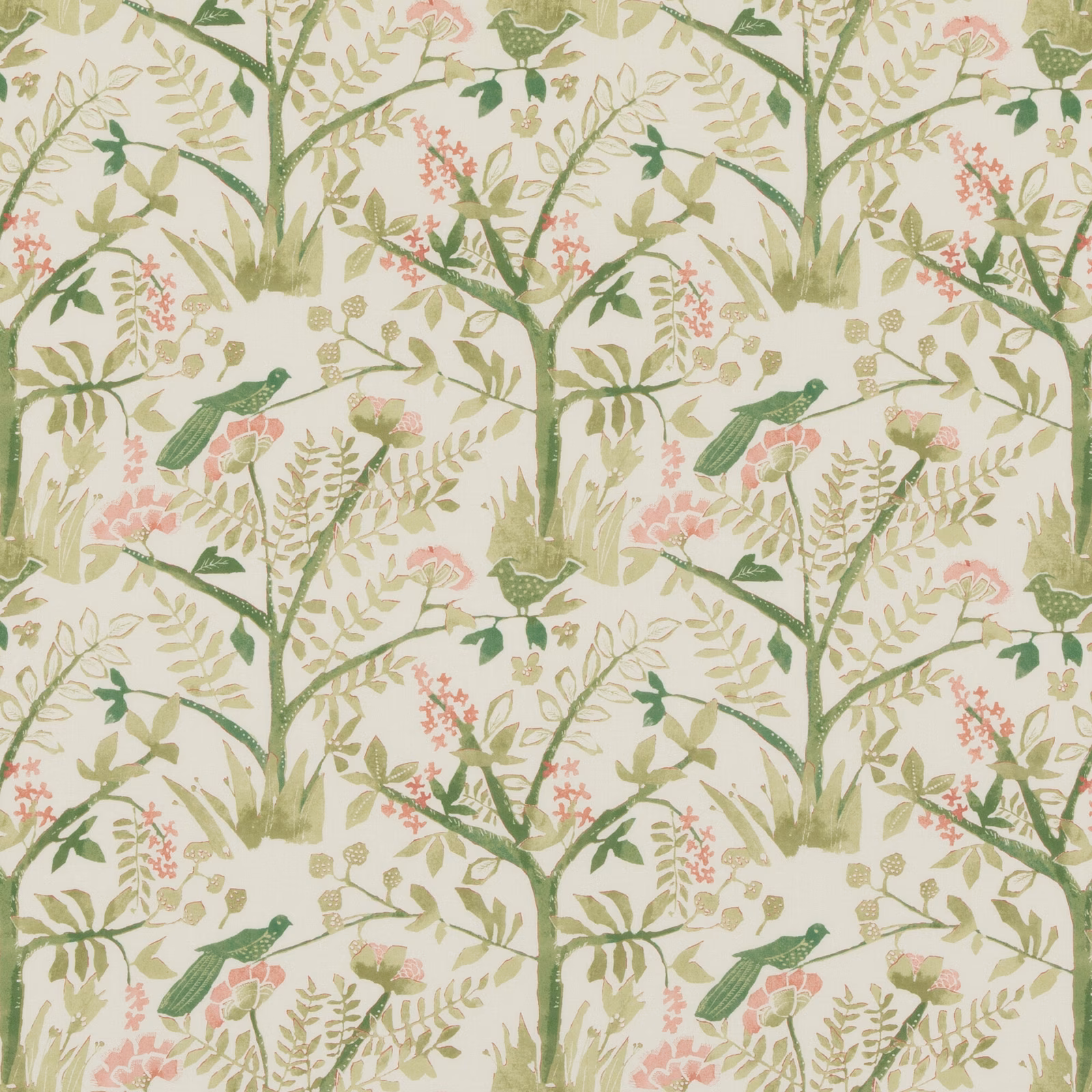 Ivory botanical cotton with sage branches, pink flowers and small green birds