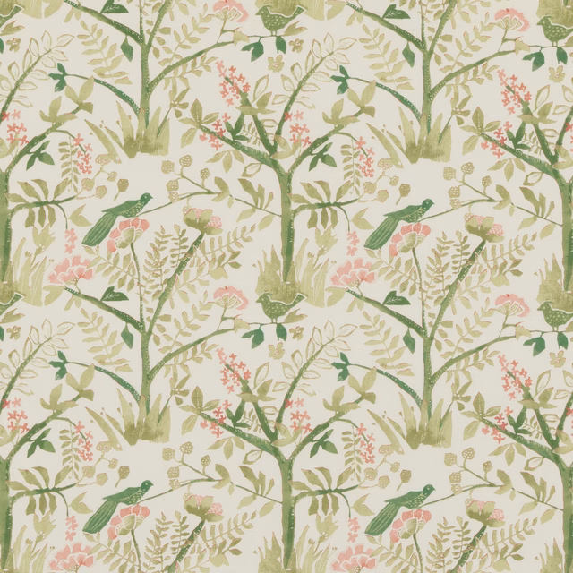 Ivory botanical cotton with sage branches, pink flowers and small green birds