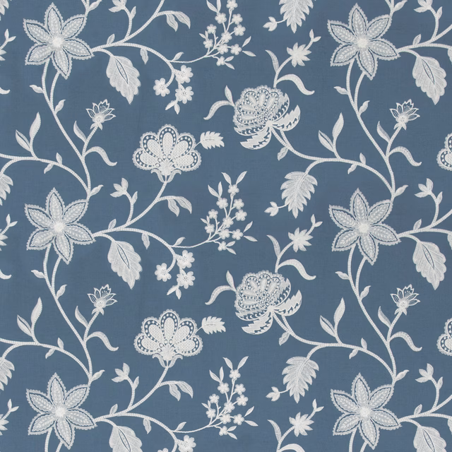 Muted slate-blue fabric with ivory scrolling flowers, leaves and delicate botanical sprigs