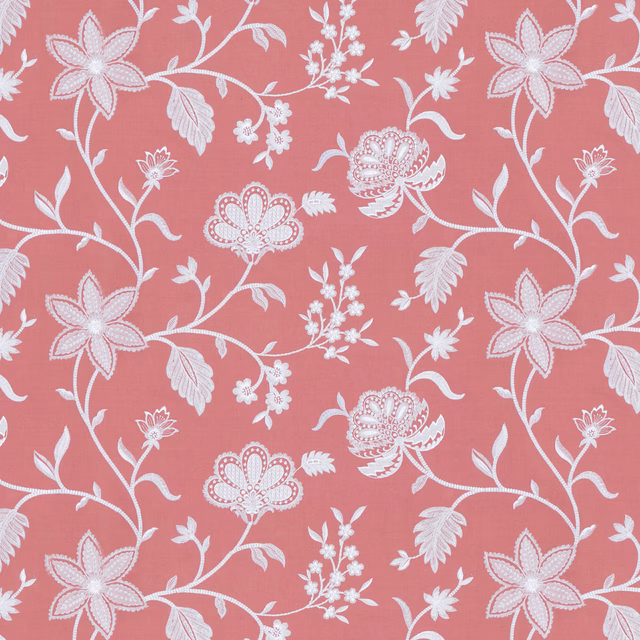 Dusty rose floral fabric with pale ivory vines, daisies and scrolling blooms