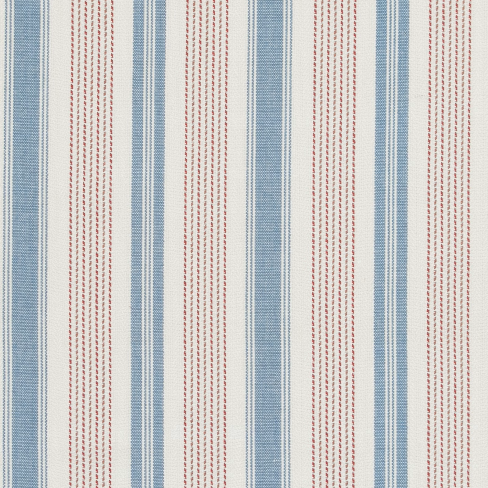 Pale blue and red vertical stripes with fine dashed lines on white cotton