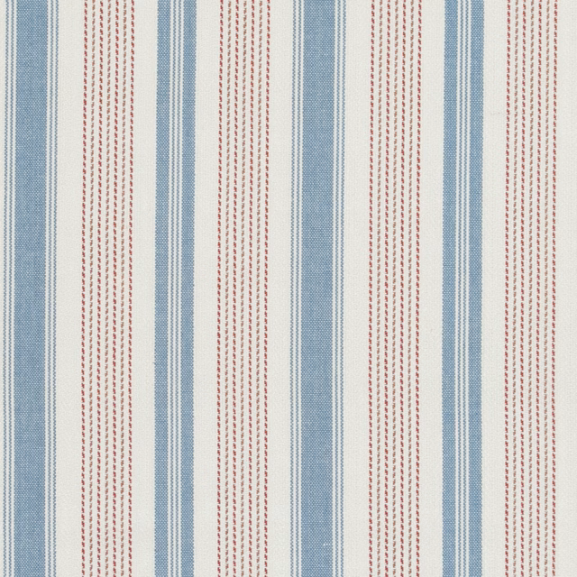Pale blue and red vertical stripes with fine dashed lines on white cotton
