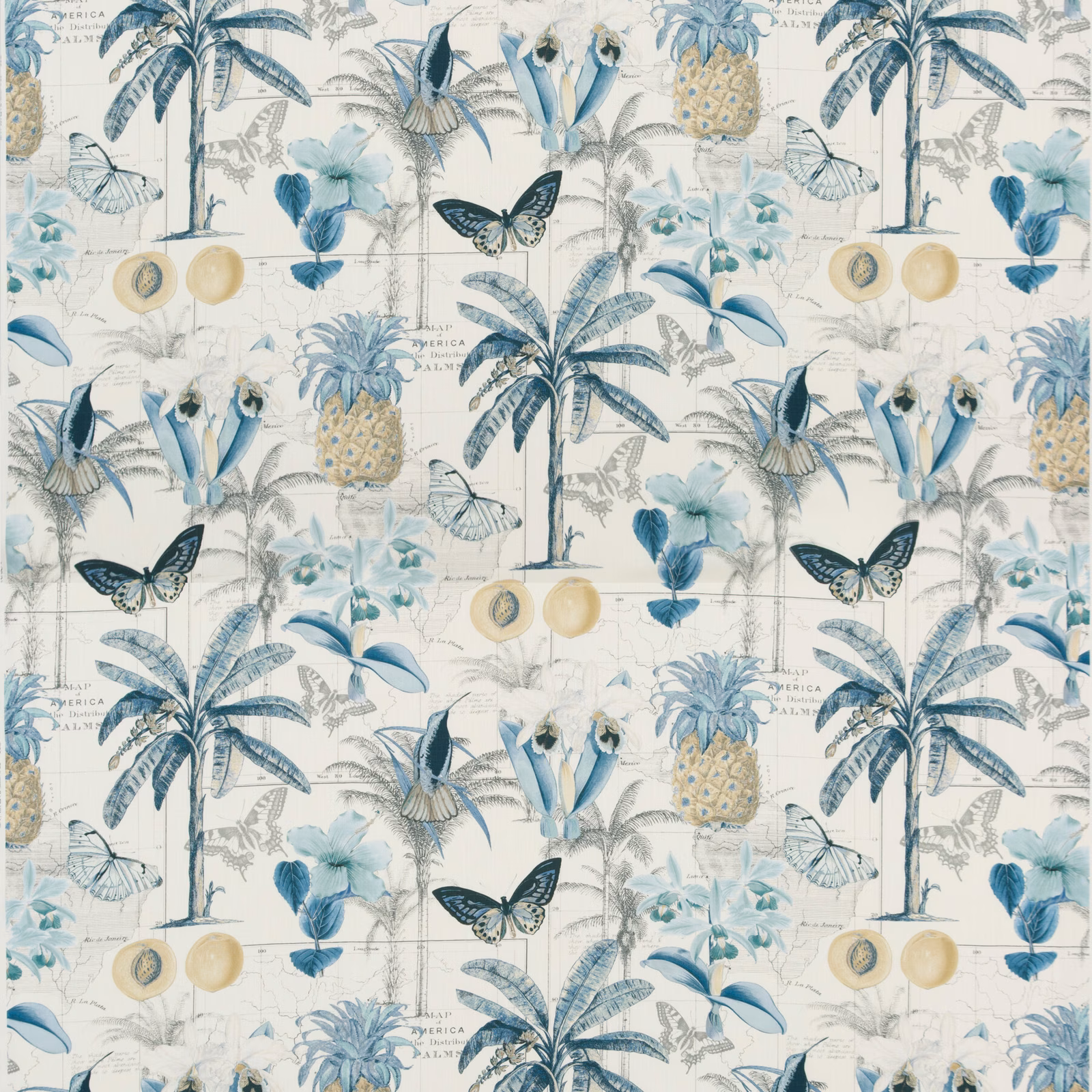 Pale aqua and teal tropical repeat with palms, butterflies, fruit and birds