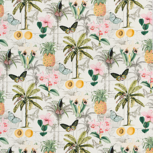 Pale ivory tropical fabric with palms, pineapples, pink flowers and butterflies