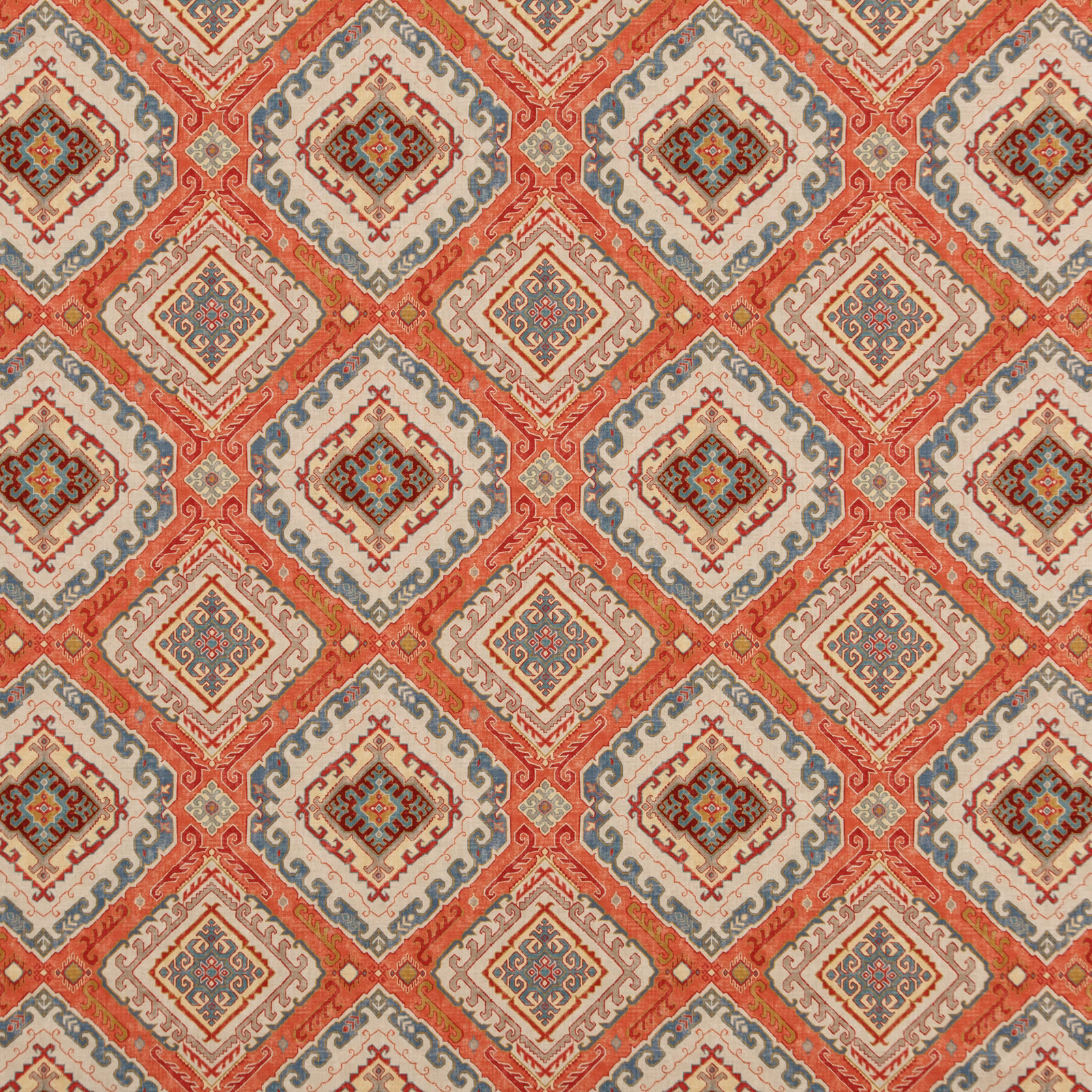 Warm spice-red woven ground with cream, blue-grey and brown diamond motifs