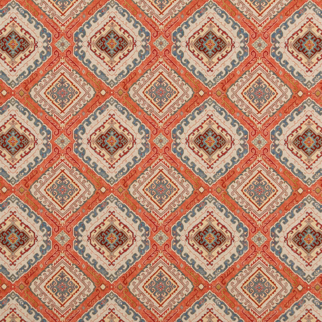Warm spice-red woven ground with cream, blue-grey and brown diamond motifs