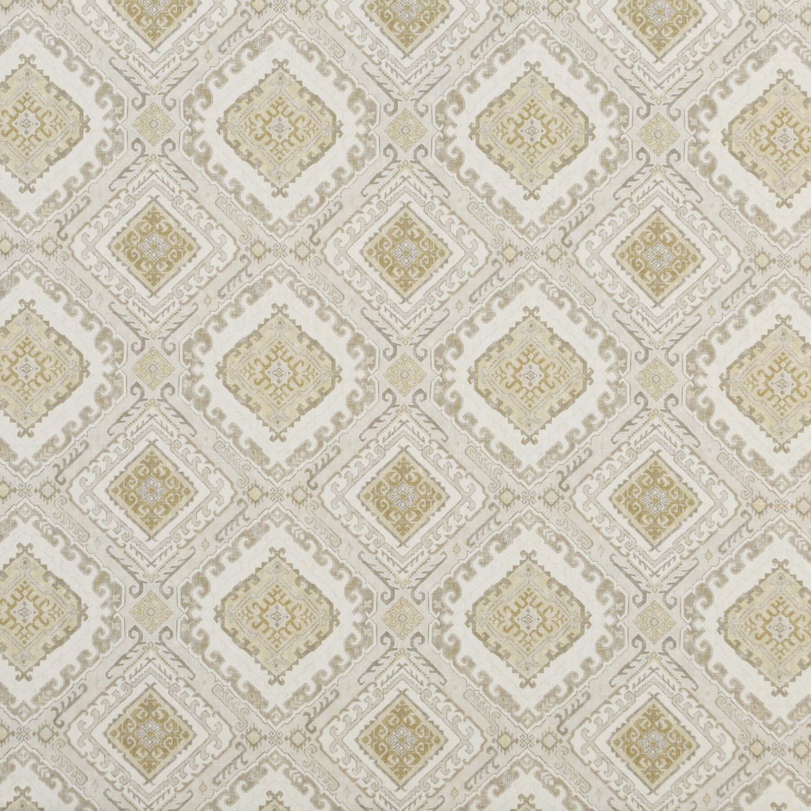 Pale stone taupe fabric with repeating olive-grey ornamental diamond motifs