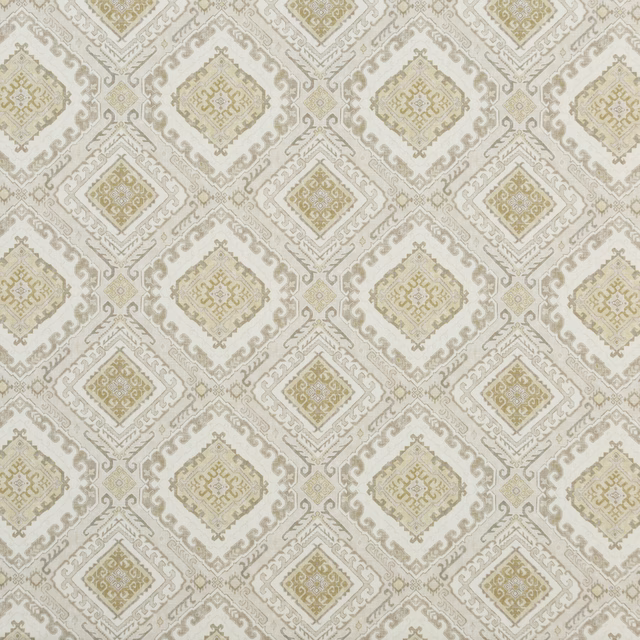 Pale stone taupe fabric with repeating olive-grey ornamental diamond motifs