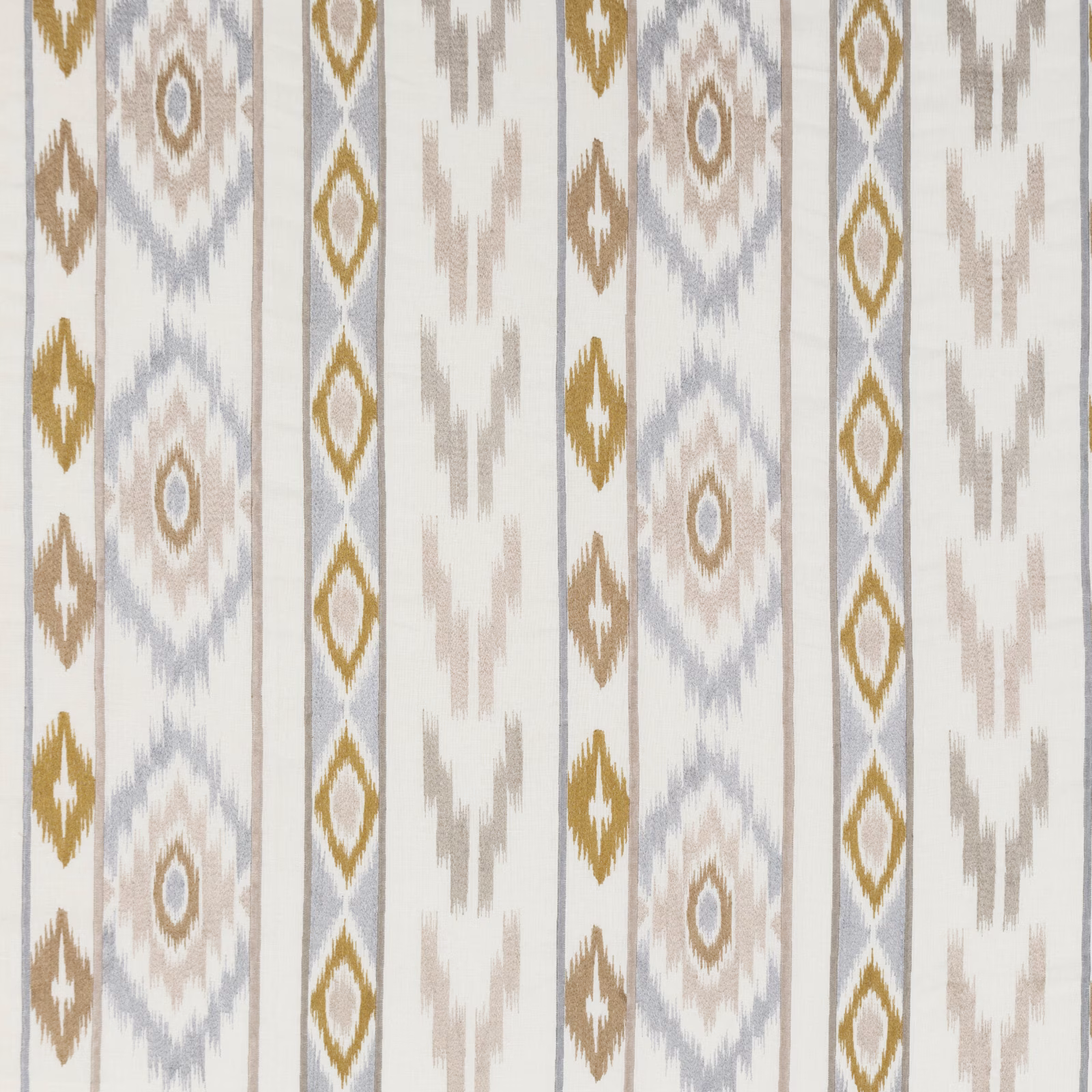 Cashew, stone, ochre and grey ikat-style vertical stripes on woven fabric