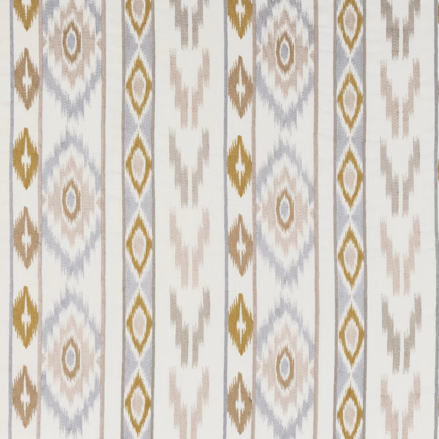Cashew, stone, ochre and grey ikat-style vertical stripes on woven fabric