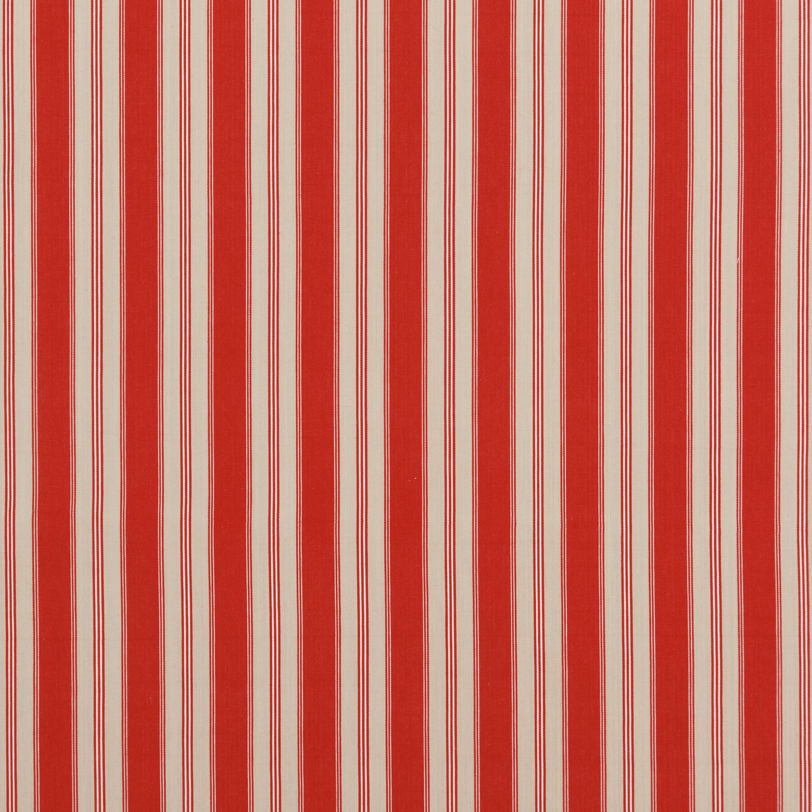 Saturated red and cream vertical ticking stripes with fine woven cotton texture