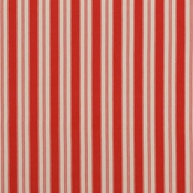 Saturated red and cream vertical ticking stripes with fine woven cotton texture